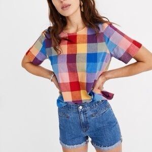 Madewell rainbow gingham check button back top, linen/cotton blend medium
